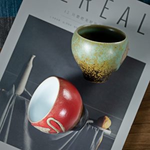 4.1 Fl Oz/120 Ml Red And Green Lotus Seedpod Pottery Gongfu Tea Cups