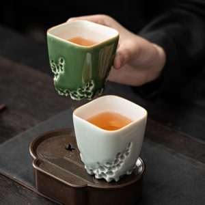 4.1 Fl Oz/120 Ml Traditional Handmade Celadon And Ash Glaze Lake Stone Chinese Cup Set For Tea