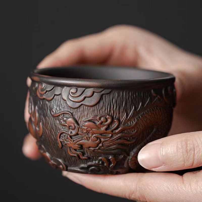 4.4 Fl Oz/130 Ml Lotus And Dragon Relief Yixing Zisha Tea Cup Antique 4.4 Fl Oz/130 Ml Lotus And Dragon Relief Yixing Zisha Tea Cup Antique