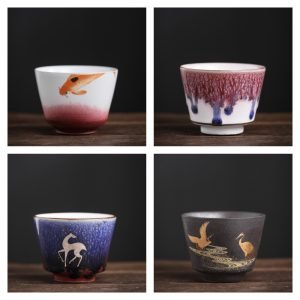 3.4 Fl Oz/100 Ml Antique Auspicious Patterns Ceramic Chinese Tea Cup Set Of 4