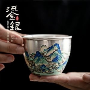 3.4 Fl Oz/100 Ml Antique Mountain Gilt Silver-gilded Chinese Cup For Tea With Gift Box