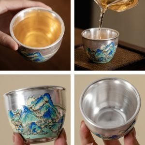 3.4 Fl Oz/100 Ml Antique Mountain Gilt Silver-gilded Chinese Cup For Tea With Gift Box