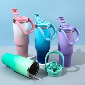 40.6 Fl Oz/1200 Ml Gradient Color Stainless Tea Tumbler Cup With Handle And Straw