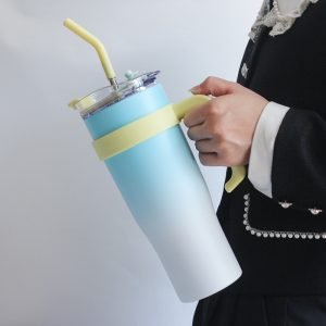 42.3 Fl Oz/1250 Ml Gradient Color Large Tumbler Cup Stainless With Portable Handle And Straw