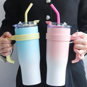 42.3 Fl Oz/1250 Ml Gradient Color Large Tumbler Cup Stainless With Portable Handle And Straw