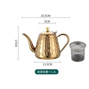 43.9 Fl Oz/1300 Ml Small Golden And Silver Retro Gooseneck Teapot Stainless Steel