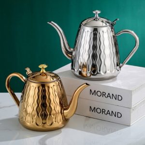 43.9 Fl Oz/1300 Ml Small Golden And Silver Retro Gooseneck Teapot Stainless Steel