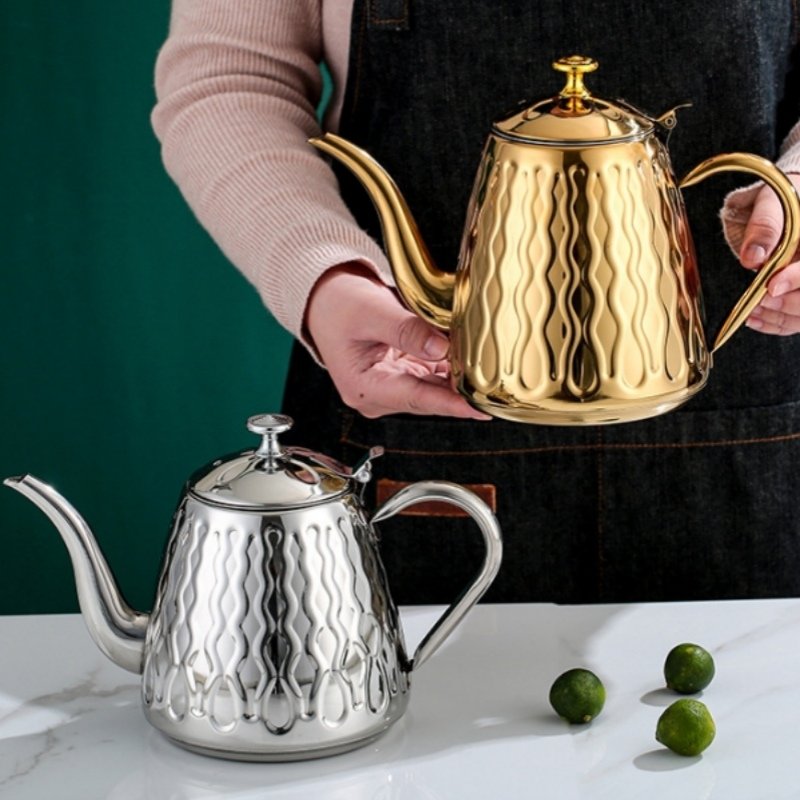 43.9 Fl Oz/1300 Ml Small Golden And Silver Retro Gooseneck Teapot Stainless Steel 43.9 Fl Oz/1300 Ml Small Golden And Silver Retro Gooseneck Teapot Stainless Steel