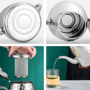 43.9 Fl Oz/1300 Ml Small Golden And Silver Retro Gooseneck Teapot Stainless Steel