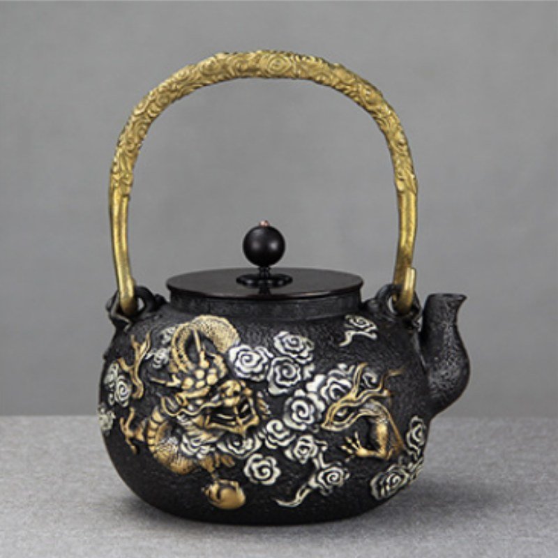 44 Fl Oz Gold Dragon And Silver Cloud Antique Asian Cast Iron Teapot