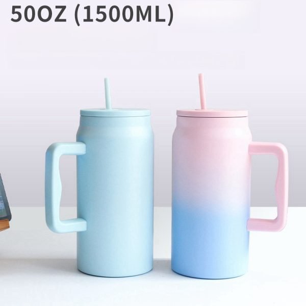 42.3 Fl Oz/1250 Ml Gradient Color Large Tumbler Cup Stainless With Portable Handle And Straw