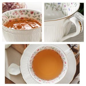 6.8 Fl Oz/200 Ml Vintage Elegant Hand Painted Flower Bone China Porcelain Tea Cups And Saucers Set Of 4