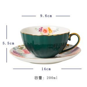 6.8 Fl Oz/200 Ml Red And Green Bone China Porcelain Tea And Coffee Cups With Saucers Set Of 6