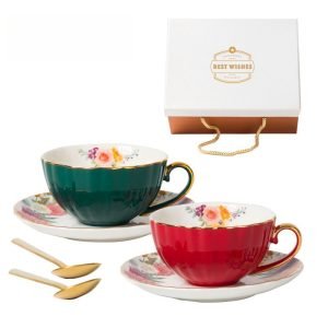 6.8 Fl Oz/200 Ml Vintage Rose Flower Bone China Porcelain Coffee Tea Cups And Saucers Set Of 12