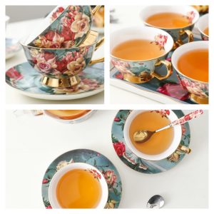 6.8 Fl Oz/200 Ml Vintage Rose Flower Bone China Porcelain Coffee Tea Cups And Saucers Set Of 12