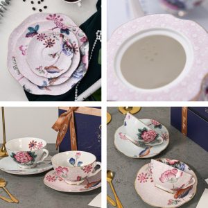 6.8 Fl Oz/200 Ml Vintage Cuckoo And Floral English Bone China Tea Cups And Saucers Set