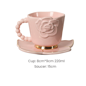 7.4 Fl Oz/220 Ml White Pink And Blue Camellia Theme Relief Tea Cup With Saucer Set