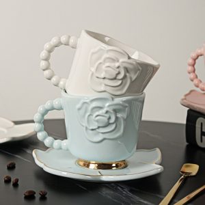 7.4 Fl Oz/220 Ml White Pink And Blue Camellia Theme Relief Tea Cup With Saucer Set
