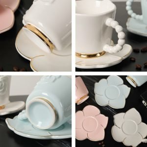 7.4 Fl Oz/220 Ml White Pink And Blue Camellia Theme Relief Tea Cup With Saucer Set
