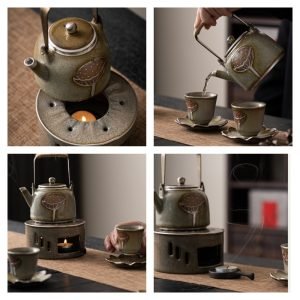 Antique Ice Crackle Glaze Lotus Seedpod Ceramic Japanese Tea Set