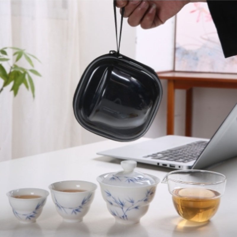 Bamboo Theme Blue And White Porcelain Antique Travelling Tea Set Kit With Case Bamboo Theme Blue And White Porcelain Antique Travelling Tea Set Kit With Case