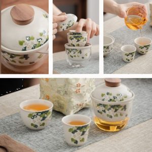 Sea Wave And Fish Theme White Porcelain Portable Travel Tea And Coffee Set