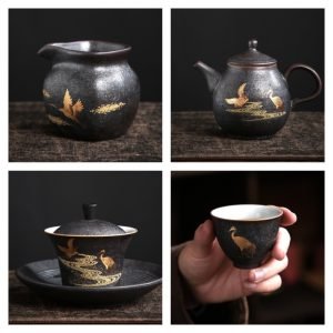 Black Pottery Handmade Valuable Japanese Tea Service Set