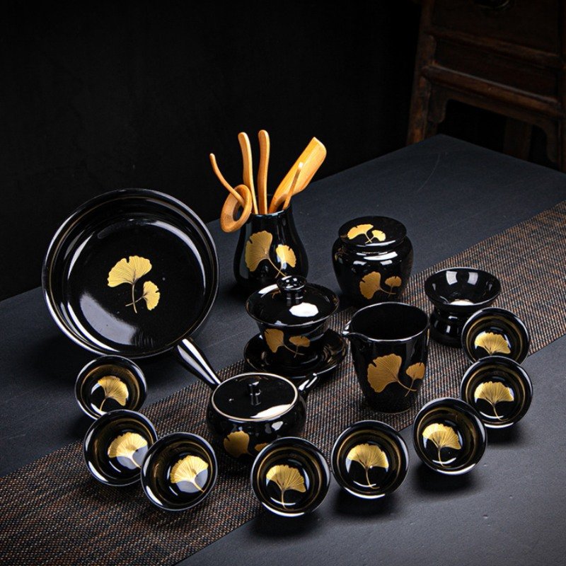 Black Glaze Gold Leaf Antique Japanese Traditional Tea Service Set Black Glaze Gold Leaf Antique Japanese Traditional Tea Service Set
