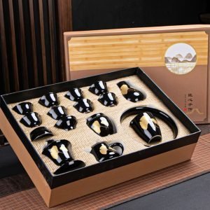 Black Glaze Gold Leaf Antique Japanese Traditional Tea Service Set