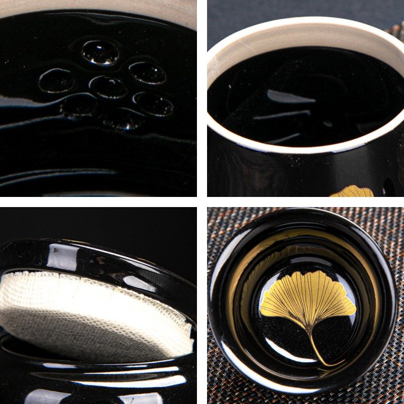 Black Glaze Gold Leaf Antique Japanese Traditional Tea Service Set Black Glaze Gold Leaf Antique Japanese Traditional Tea Service Set