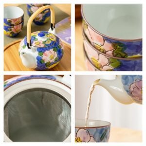 Blue And Green Hand Painted Blossom Ceramic Japanese Tea Gift Set