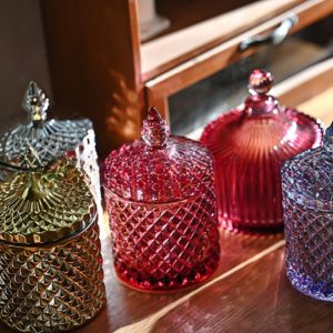 Brown And Magenta Small Cylinder Glass Candy Jars For Candy Buffet With Lids Gift
