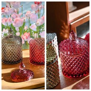 Brown And Magenta Small Cylinder Glass Candy Jars For Candy Buffet With Lids Gift