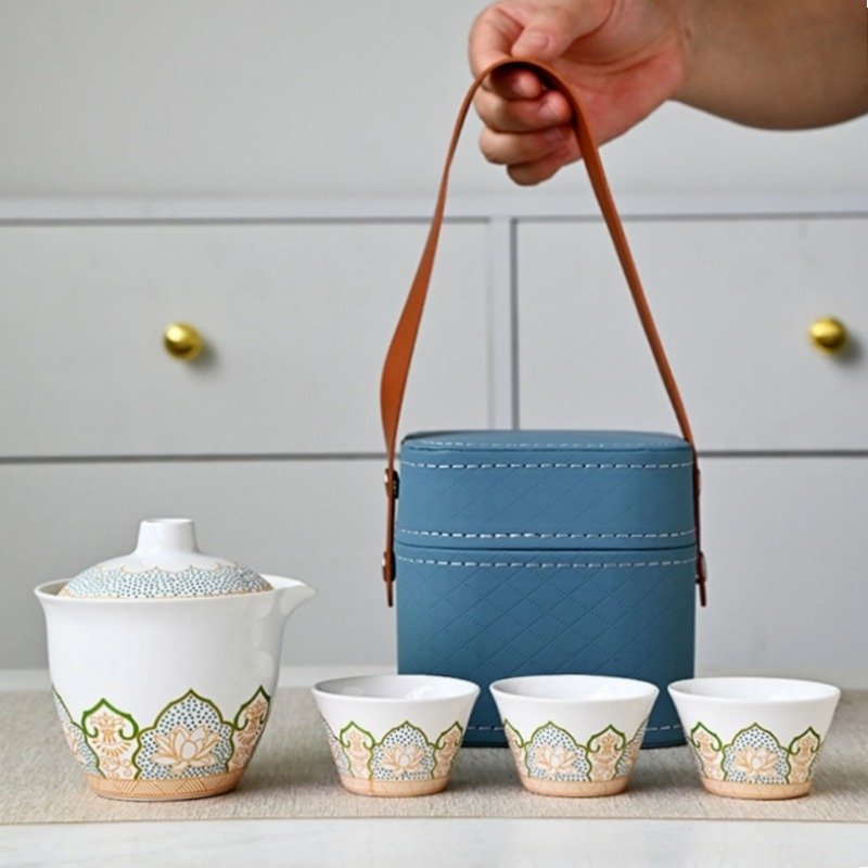 Ceramic Antique Lotus Theme Portable Tea Set Travel Case Kit For One Ceramic Antique Lotus Theme Portable Tea Set Travel Case Kit For One