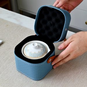 Ceramic Antique Lotus Theme Portable Tea Set Travel Case Kit For One