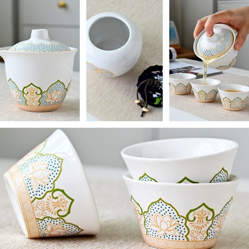 Ceramic Antique Lotus Theme Portable Tea Set Travel Case Kit For One Ceramic Antique Lotus Theme Portable Tea Set Travel Case Kit For One