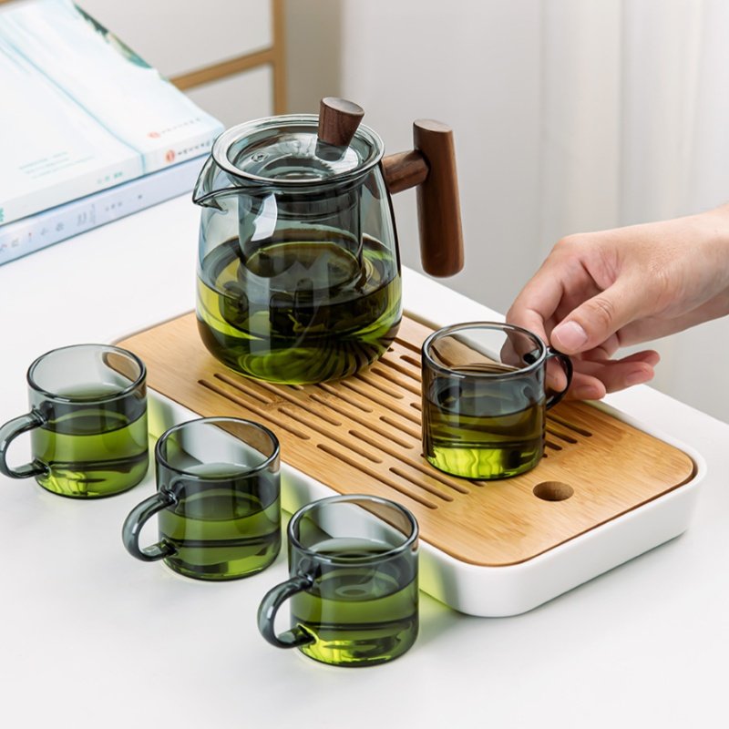 Clear Grey Heat Resistant Glass Tea Set With Wooden Handle Clear Grey Heat Resistant Glass Tea Set With Wooden Handle