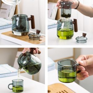 Clear Grey Heat Resistant Glass Tea Set With Wooden Handle
