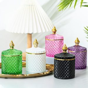 Colorful With Gold Detailing Glass Candy Jars For Candy Table With Lid