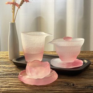 Elegant Beauty Pink Crystal Frosted Glass Tea Cups Of 4