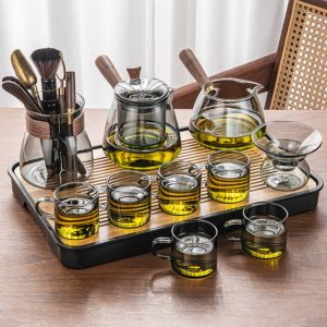 Elegant Grey Tea Glasses Set With Wooden Handle For Adults