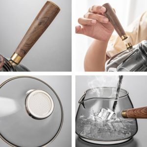 Elegant Grey Tea Glasses Set With Wooden Handle For Adults