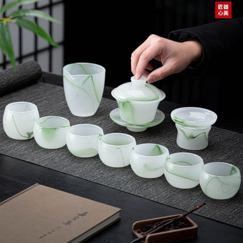 Green Antique Crystal Clear Coloured Glaze Gaiwan Tea Cup Set Of 10 Green Antique Crystal Clear Coloured Glaze Gaiwan Tea Cup Set Of 10