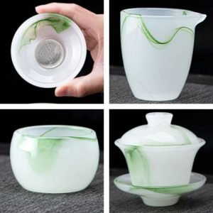 Green Antique Crystal Clear Coloured Glaze Gaiwan Tea Cup Set Of 10