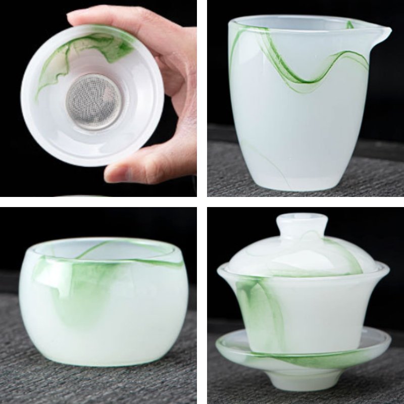 Green Antique Crystal Clear Coloured Glaze Gaiwan Tea Cup Set Of 10 Green Antique Crystal Clear Coloured Glaze Gaiwan Tea Cup Set Of 10
