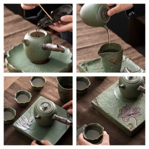 Green Lotus Theme Handmade Traditional Japanese Rough Pottery Tea Service Set