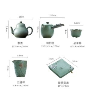 Green Lotus Theme Handmade Traditional Japanese Rough Pottery Tea Service Set