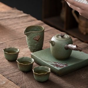 Green Lotus Theme Handmade Traditional Japanese Rough Pottery Tea Service Set