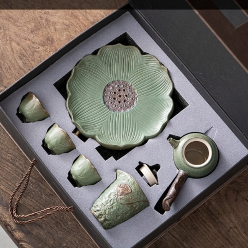 Green Lotus Theme Handmade Traditional Japanese Rough Pottery Tea Service Set Green Lotus Theme Handmade Traditional Japanese Rough Pottery Tea Service Set