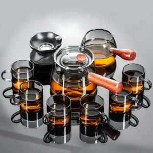Grey Borosilicate Glass Tea Set With Side Wooden Handle